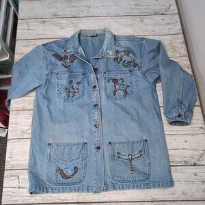 Bay Club Upcycled Native American Style Animal Denim Shirt Size Large